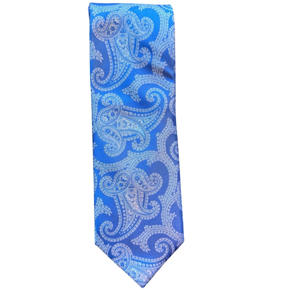 David Donahue Necktie XL Paisley Blue Silk Woven Italy Handmade USA